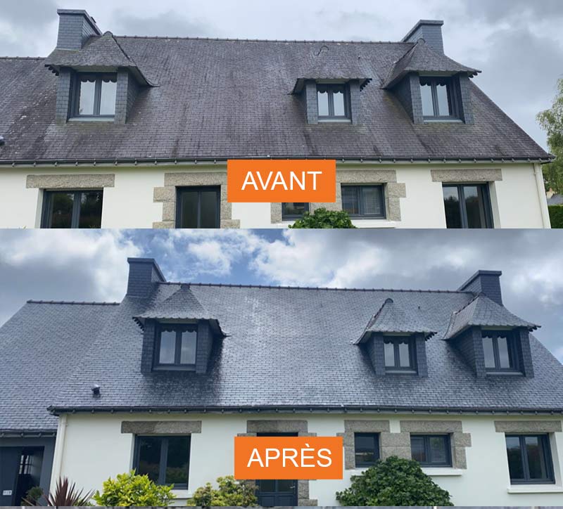 Nettoyage et démoussage toiture, protection anti-mousse couverture, peinture hydrofuge toit, traitement à base de résine acrylique siliconée sur toiture: intervention dans le Morbihan (56) le Finistère (29) et les Côtes d’Armor (22) - SA RENOV'TOIT 56